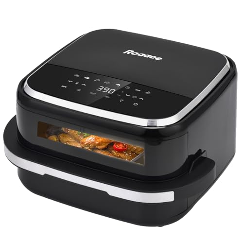 Roaaee Pizza Oven & Air Fryer, 4.5QT 11-in-1 Flat Airfryer with Superior Top and Bottom Airflow Tech, Digital Display, Large Viewing Window, Grill Plate, Up to 32 Chicken Wings / 11" Pizza Capacity