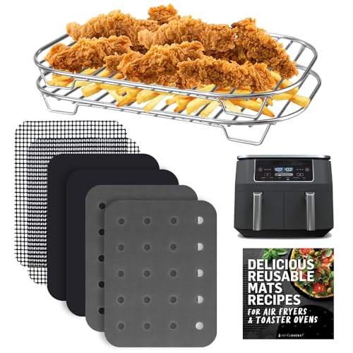 INFRAOVENS Accessories for Ninja Dual 2 Basket Air Fryer 10 QT DZ401 & 8 QT DZ201, Racks for Foodi Dual Zone, Reusable Liner Sheets for Double Airfryer, 9pcs Kitchen Accessory Set with Recipe Book