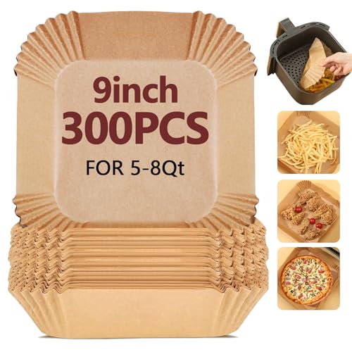 EKACO 9 Inch Air Fryer Liners Disposable-300PCS Square Parchment Paper Liners,Heat Resistant & Non-Stick,Unbleached Liners for Air Fryer,Oven,Roasting,Baking,Microwave（Bottom is 8 Inch）