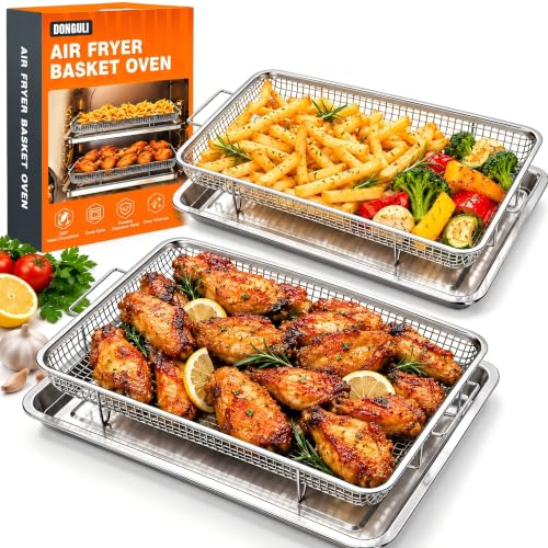 Air Fryer Basket for Oven, 2 Pack Stainless Steel Crisper Basket & Tray