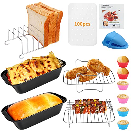 Dual Basket Air Fryer Accessories, 15pcs Set for Ninja DZ401 DZ201 Foodi Dualzone Air Fryers with 100pcs Air Fryer Liners, 2 Non-Stick Pans, Bread,Toasting,Skewer Racks, 6 Cake Cups, 2 Mitts, Recipes