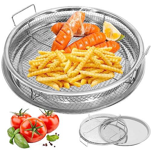 GCQ Air Fryer Basket for Oven,2 Pieces Set Round Silver 12.9''Non-stick Steel Mesh Air Fryer Baking Tray Accessories Rack Roasting Grill Basket for Convection Oven Air Fryer, Dishwasher Safe